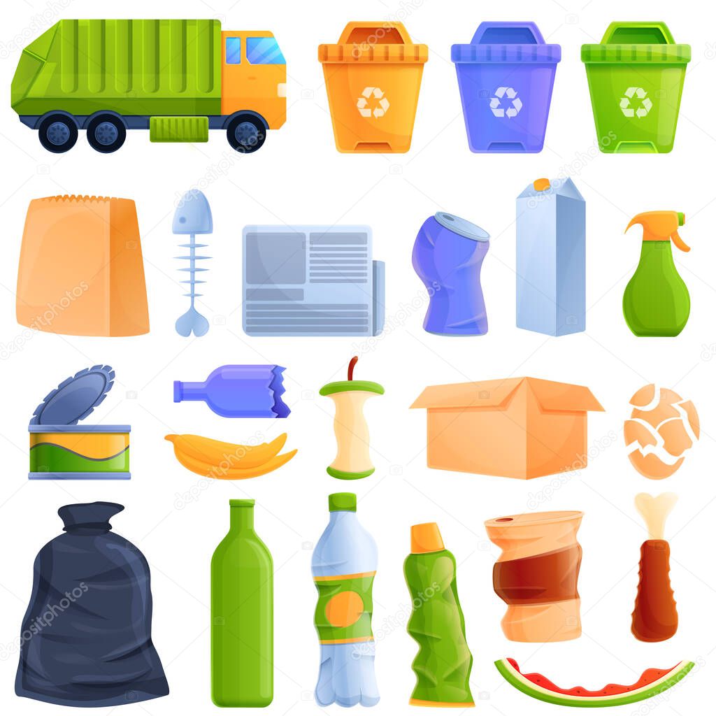cartoon icon set on the topic of trash, vector illustration