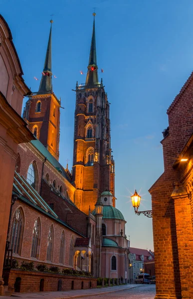 Calles Nocturnas Una Vista Catedral Wroclaw Polonia —  Fotos de Stock