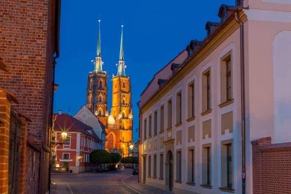 Calles Nocturnas Una Vista Catedral Wroclaw Polonia —  Fotos de Stock