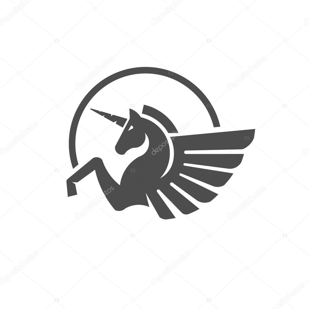 Winged unicorn silhouette logo vector illustration. Stylized mythical creature silhouette, horse winged logo vector,