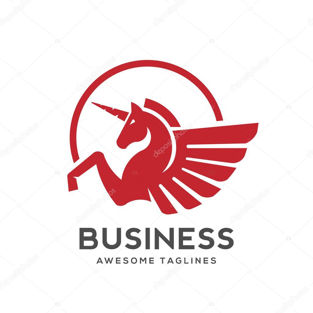Winged unicorn logo vector illustration. Stylized mythical creature silhouette, horse winged logo vector,