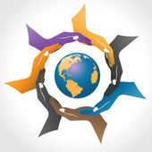 Hände, die den Erdvektor umgeben, Kreis soziale Handfarbe mit Erde im Logo