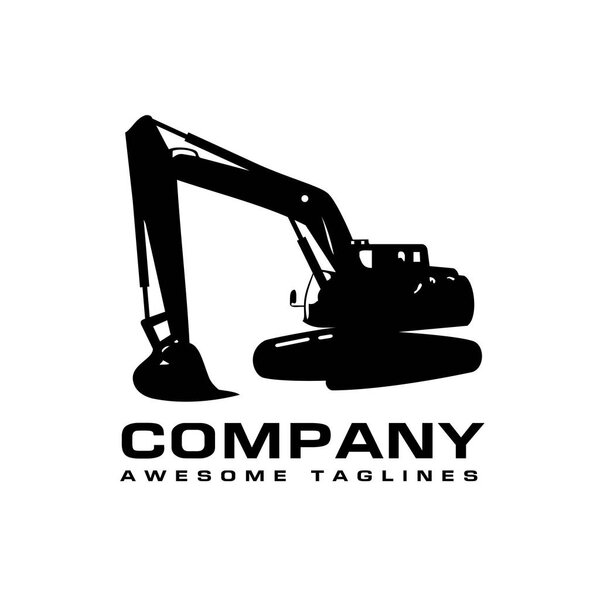 Excavators Construction machinery logo, Hydraulic mining excavator vector logo,. Heavy construction equipment symbol with boom dipper and bucket. Construction machinery for digging sand gravel or dirt