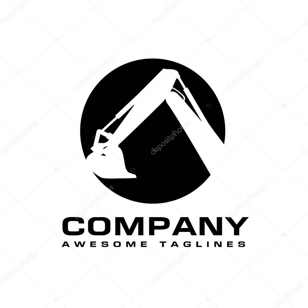 Excavators Construction machinery logo, Hydraulic mining excavator vector logo,. Heavy construction equipment symbol with boom dipper and bucket. Construction machinery for digging sand gravel or dirt