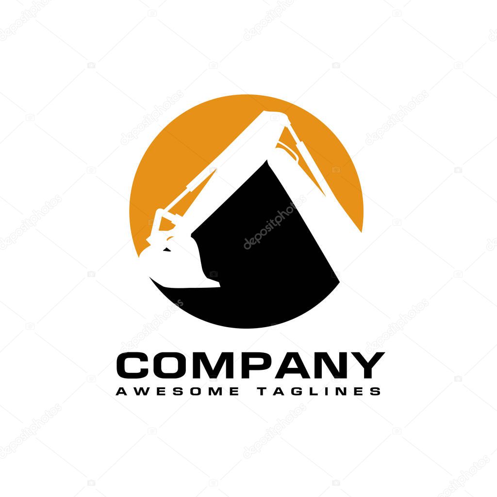 Excavators Construction machinery logo, Hydraulic mining excavator vector logo,. Heavy construction equipment symbol with boom dipper and bucket. Construction machinery for digging sand gravel or dirt