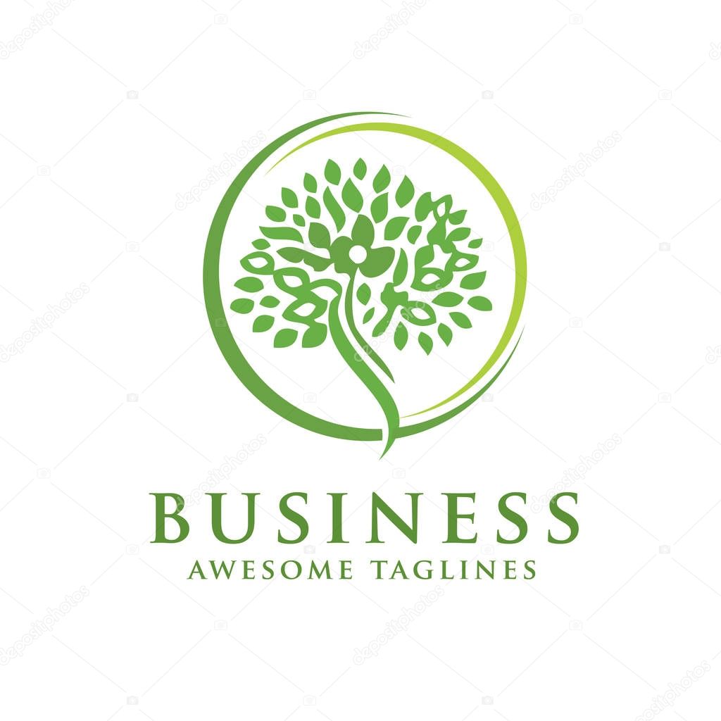 Green tree with leaves logo. herbal leaf circle, Ecology, natural, organic label or logo, tree Vector illustration isolated on white background, abstract Ayurveda  logo