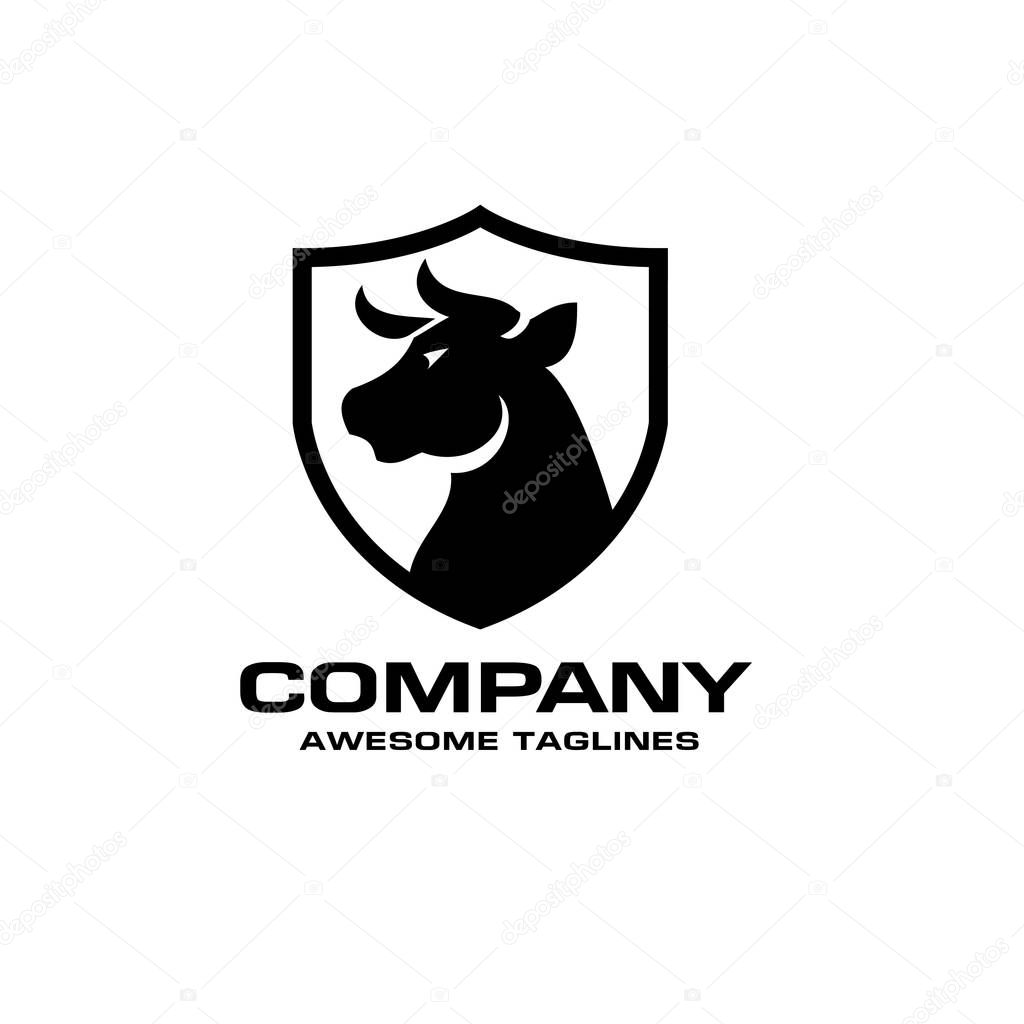 Bull head black shield vector logo concept illustration, Buffalo head logo, Bull head black shield logo. bull Animal logo sign, Taurus head logo