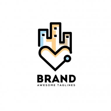 aşk şehir logosu, kalp şehir hatları logo kavramı, gayrimenkul logo kavramı, kalp şehir logo kavramı, Merkez Emlak logosu, binalar, gökdelenler logo vektör logosu soyut