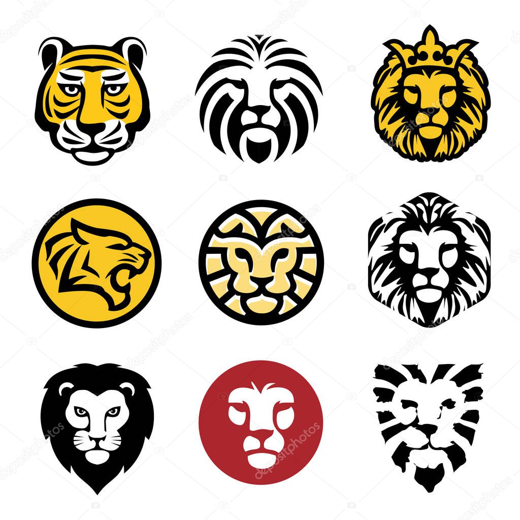 best Lion head logo vector set ,tiger vector concept illustration. Lion head logo. Wild lion head graphic illustration. Wilde cat logo sign. Pride of lion logo sign. Design element.