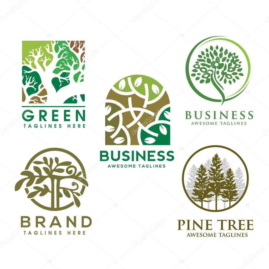 Green tree with leaves logo. herbal leaf circle, Ecology, natural, organic label or logo, tree Vector illustration isolated on white background, abstract Ayurveda  logo
