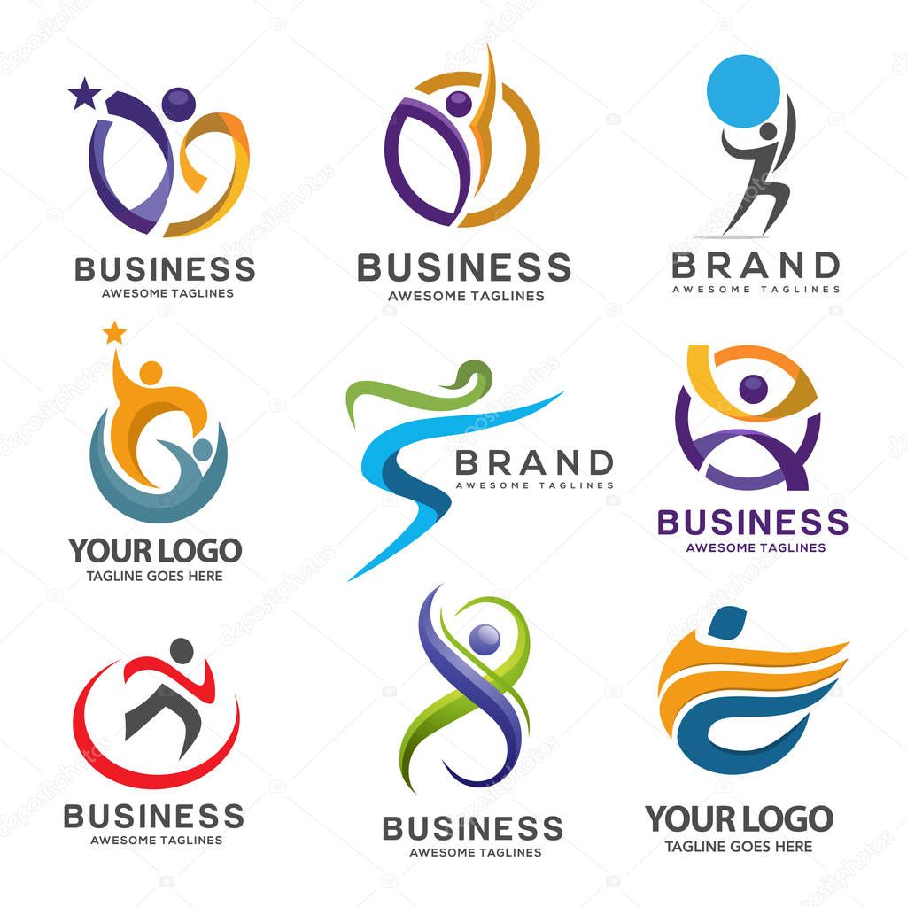 Simple modern abstract fitness logo set, abstract active sport logo,elegant abstract active people logo,Sport fitness medical or health care center logo design concept.