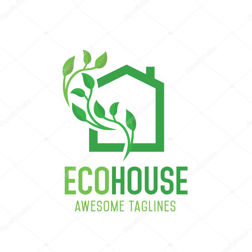 Green house logo vector concept, simple leaf and house vector illustration concept