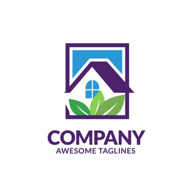 Kare arkaplan kavramına sahip yeşil ev logosu tasarımı