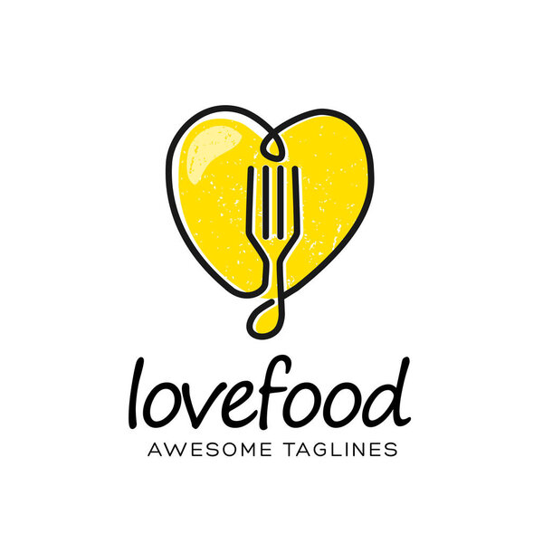creative restaurant or food logo with fork and knife with simple heart linear art vector, love food vector concept
