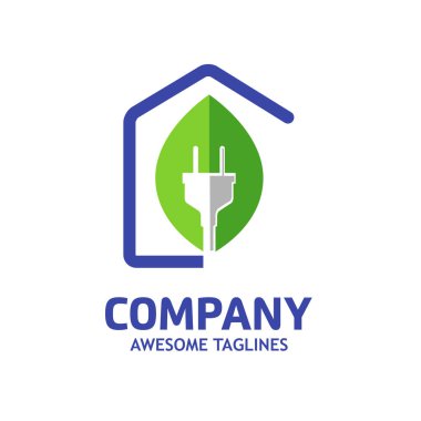 Yeşil ev enerji logosu, ev hattı, yeşil yaprak ve elektrik dolgu sembolü.
