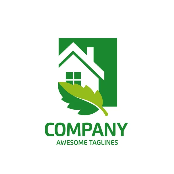 Creative Simple Green House Logo Vektor Green Leaf Och House — Stock vektor