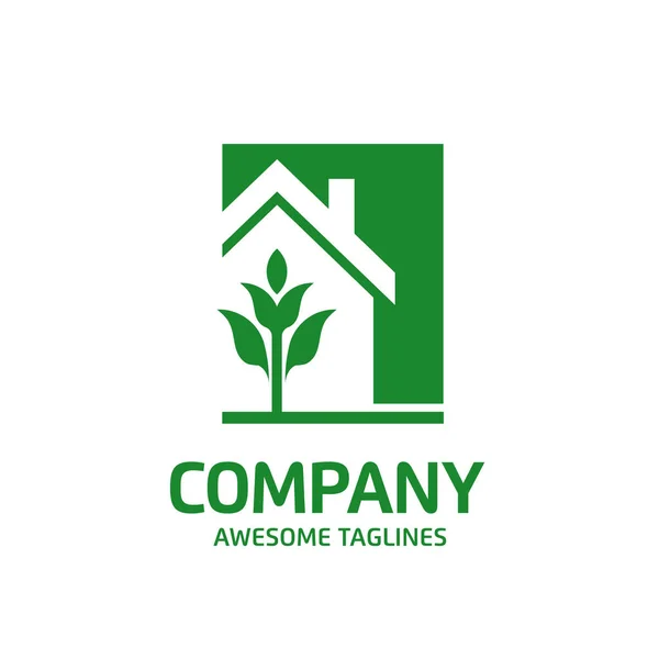 創造的なシンプルなグリーンハウスのロゴベクトル 緑の葉と家のロゴイラスト エコロジーフレンドリーグリーンハウスベクトル — ストックベクタ