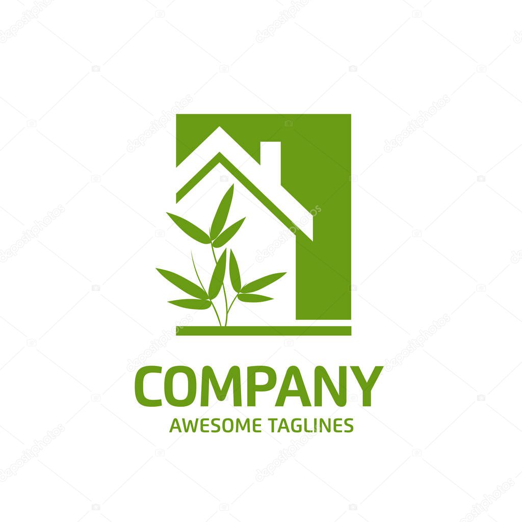 Creative simple Green house logo vector. green bamboo leaf and house logo illustration,Ecology Friendly green house vector