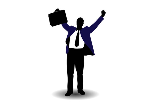 silhouette of A successful business man carries bags and hands up