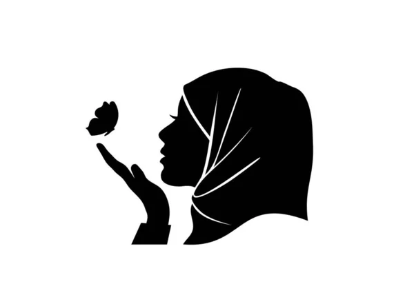 Silhouette Vecteur Beauté Hijab Femmes Regardant Papillon Dans Main — Image vectorielle