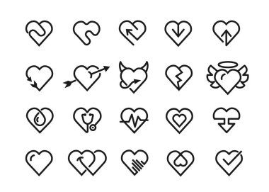Kalp çizgisi simgeleri. Kalp dekorasyonu elementleri, sevgi ve dostluk sembolleri ve özet çizerek izole edilmiş güzel piktogramlar.