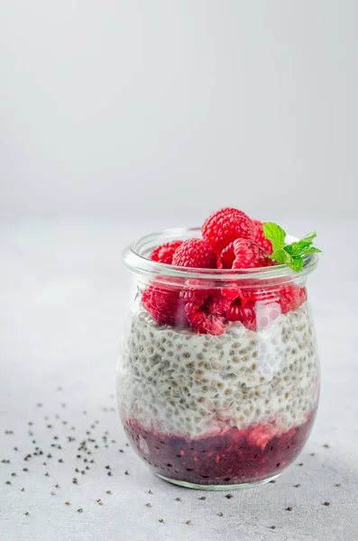 Un bicchiere di pudding chia con lampone, marmellata e foglie di menta Foto Stock Royalty Free