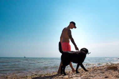 Labrador köpek ile kumsalda yürüyen adam