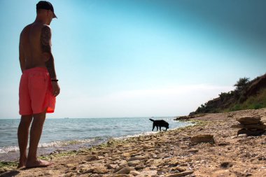 Labrador köpek ile kumsalda yürüyen adam