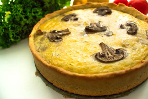 Quiche (pie) z kurczaka z serem i pieczarkami Obrazy Stockowe bez tantiem