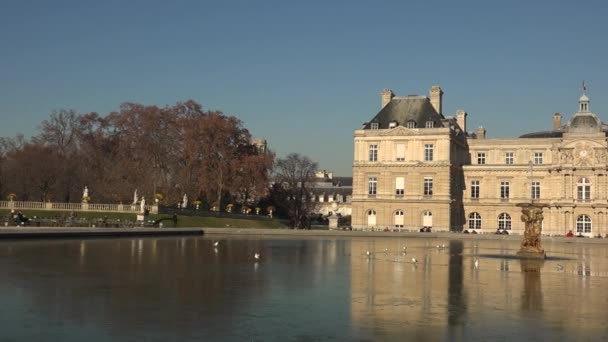 Παρίσι-γύρω στο 2017: οι κήποι του Λουξεμβούργου στο Παρίσι. Στο 22.5 εκτάρια, είναι το δεύτερο μεγαλύτερο πάρκο της πόλης και το παλάτι είναι το σπίτι της γαλλικής Γερουσίας. — Αρχείο Βίντεο
