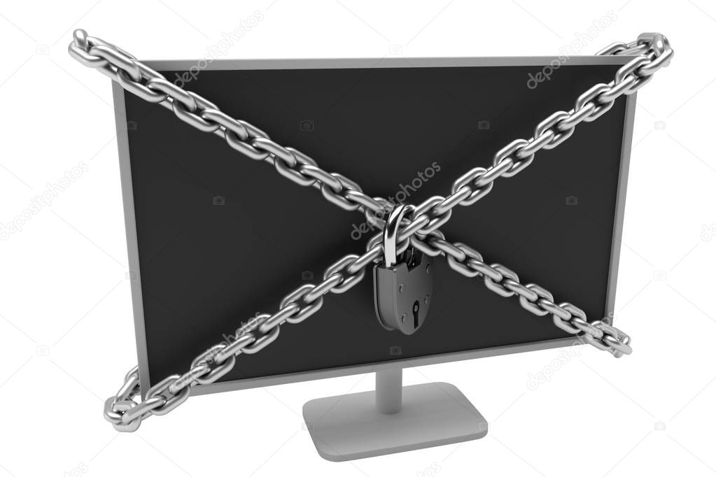 Computer locked with chains and padlock