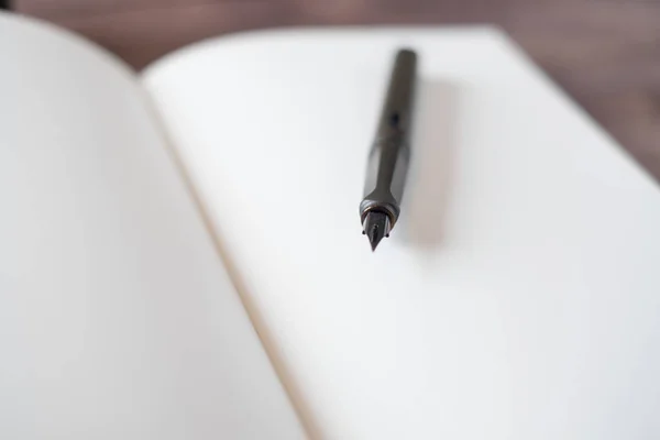 Vulpen, Notebook, inkt op houten tafel — Stockfoto