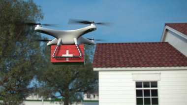 Beyaz Quadrocopter Drone uçuş cityscape arka plan üzerinde ilk yardım kiti ile. 