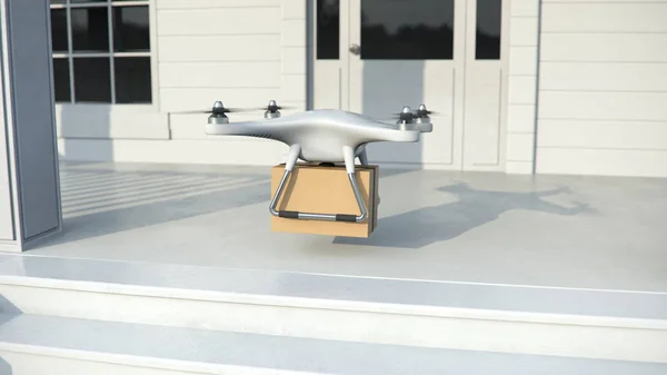Drone dat quadrocopter levert een pakket op cityscape achtergrond. Autonome drone levering. Stockfoto