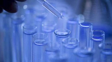 Bir laboratuarda, pipetli bir bilim adamı test tüplerindeki DNA ve molekülleri ayırmak için mavi bir sıvıyı analiz eder. Sıvıyla çalışan doktor..