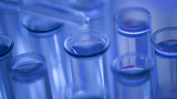 Laboratorium Naukowiec Pipetą Analizuje Niebieski Płyn Celu Pobrania Dna Cząsteczek — Wideo stockowe