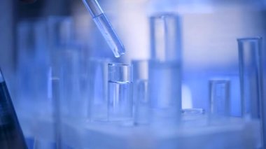 Bir laboratuarda, pipetli bir bilim adamı test tüplerindeki DNA ve molekülleri ayırmak için mavi bir sıvıyı analiz eder. Sıvıyla çalışan doktor..