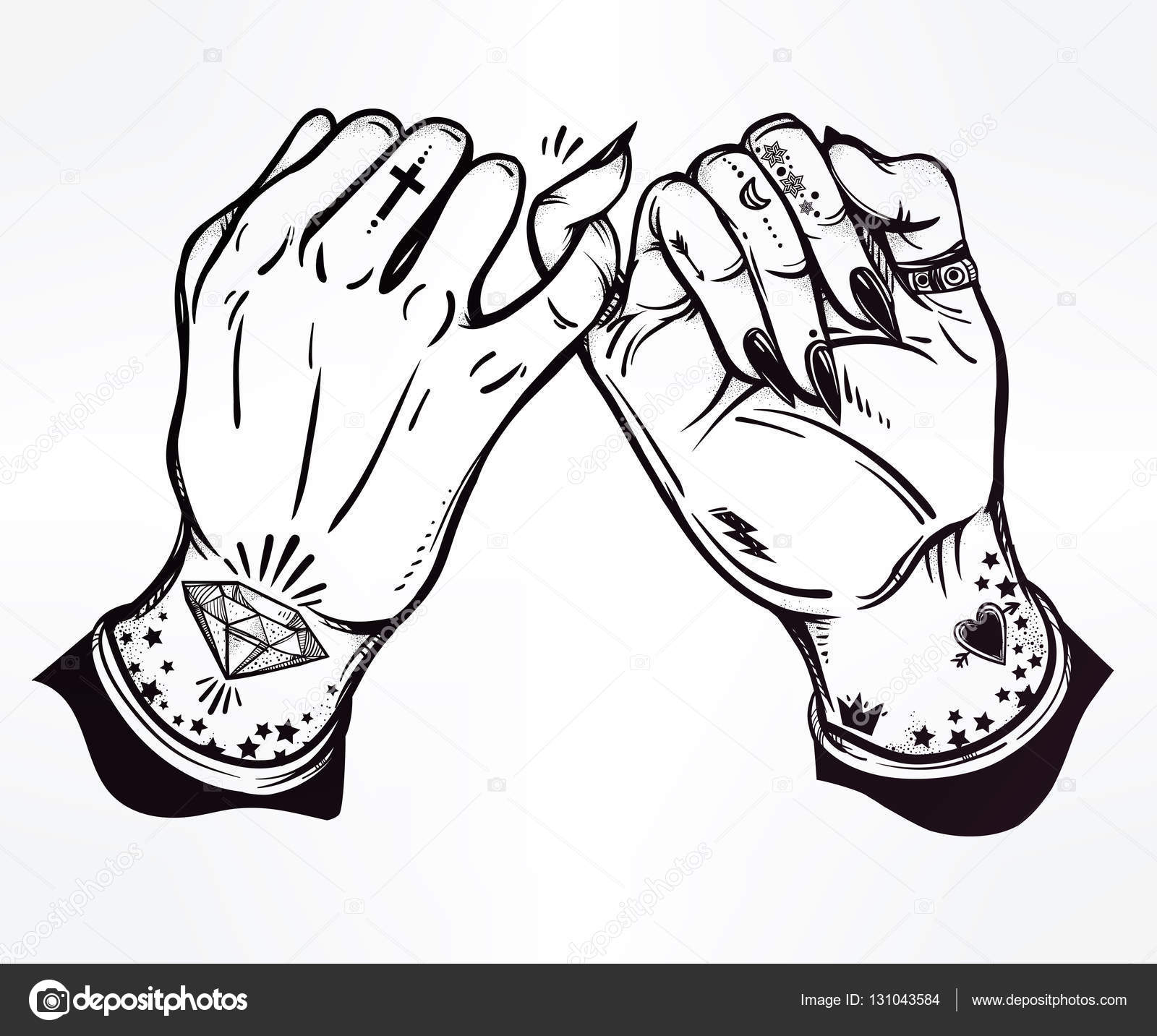 Pinky promettono tenere la mano Le mani sono tatuate Ghetto e gotico stile ispirato Illustrazione vettoriale isolato Disegno del tatuaggio simbolo di
