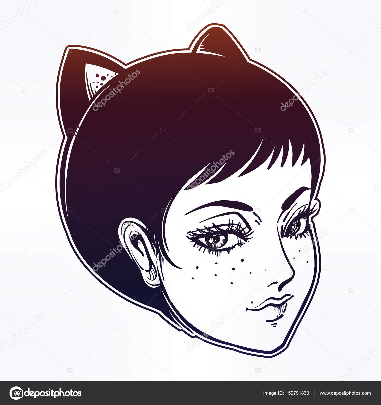 Donna di stile manga anime o retr² con orecchie di gatto Bella anime o manga retro manifesto di stile di una donna con le orecchie di gatto Design simpatico personaggio Ragazza del gatto Magia fantasia l arte