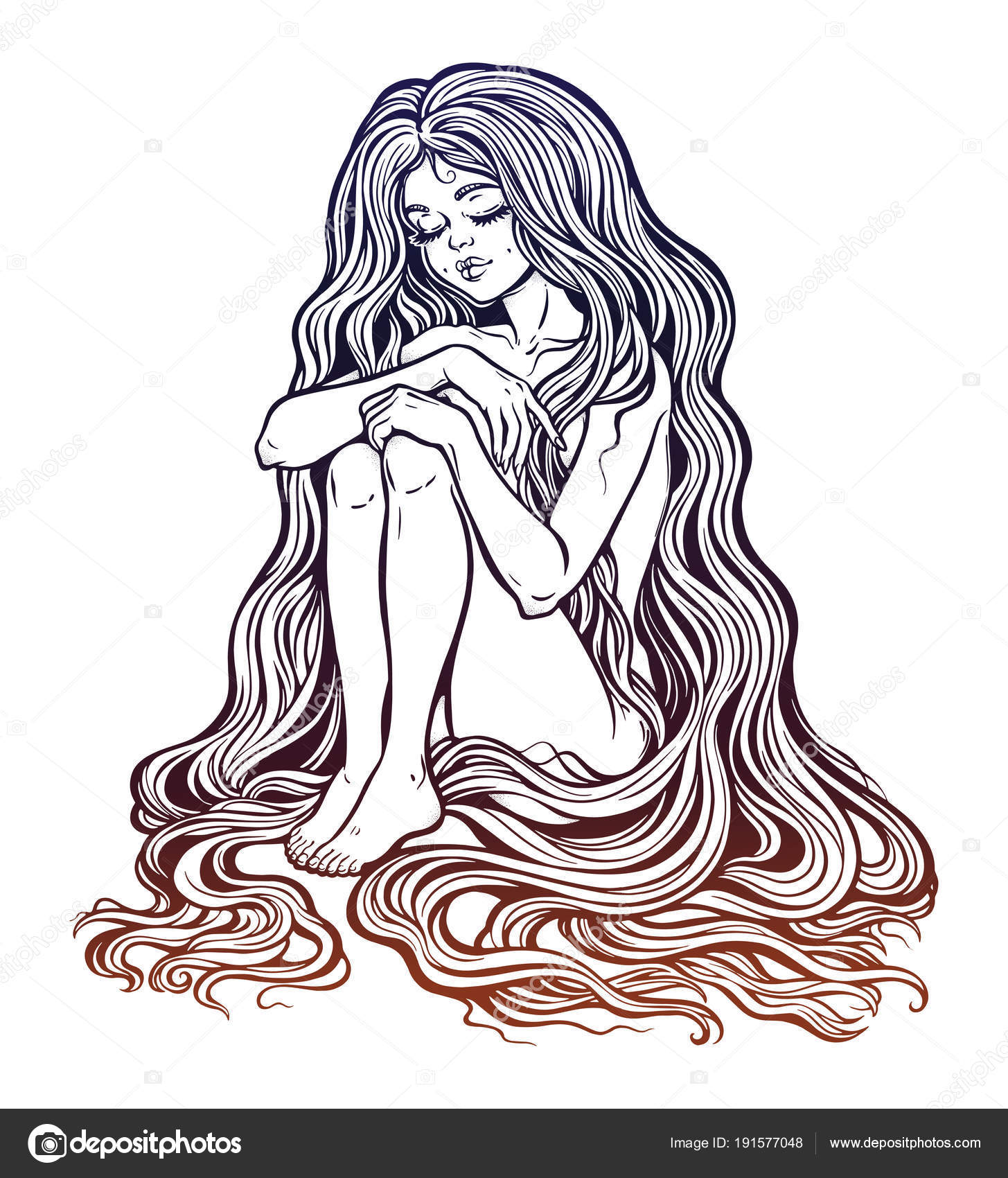 With Long Wavy Hair Falling To The Ground Nude Modest Model Princess Rapunzel Magic Nymph Mysterious Character From Fairy Tales Coloring Page