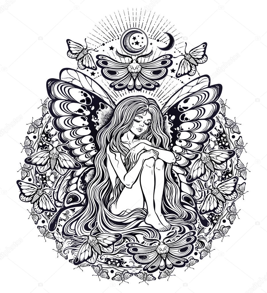 Download Moth girl butterfly with long hair unique mandala. — Stock ...