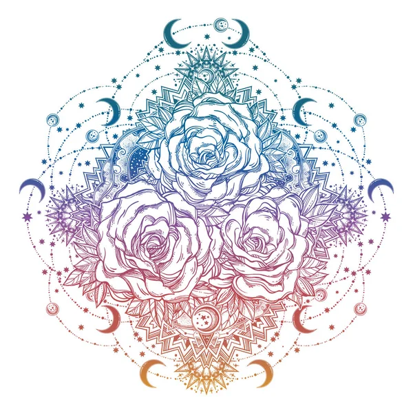 Download Rose flower in mandala of moons, beads and stars. — Stock ...