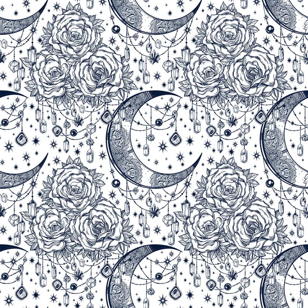 Rose and moon texture floral background ornament.