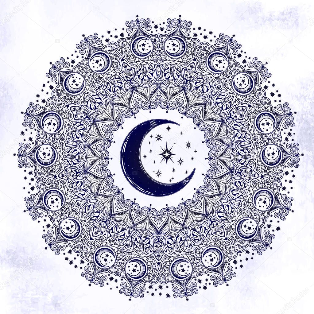 Download Beautiful ornate Mandala crescent moon, star shape — Stock ...
