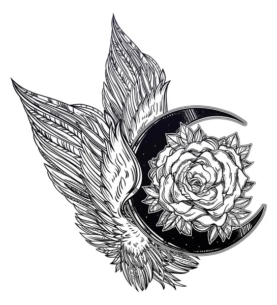 Rose Flower with Angel or Bird Wings Blackwork Tattoo Flash Stock Vector   Illustration of graphic element 93025567