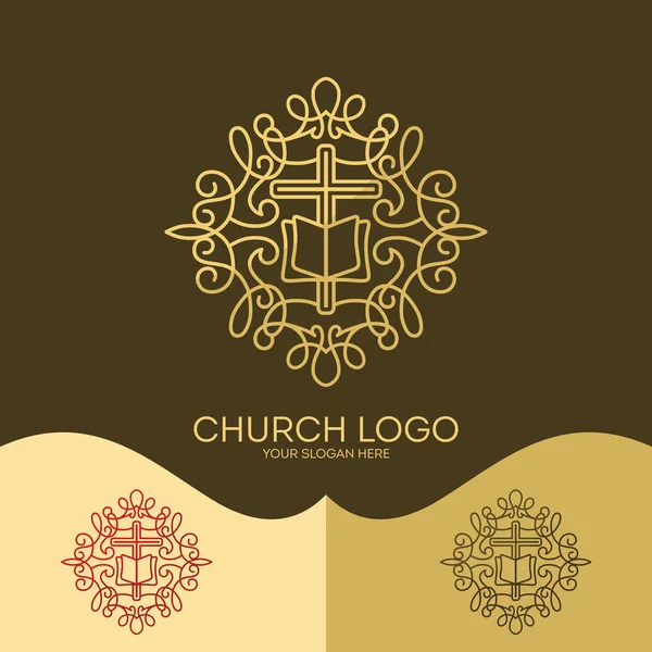Logo van de kerk. Christelijke symbolen. Het Kruis van Jezus, de Bijbel - God's heilige woord, elegante patronen. — Stockvector
