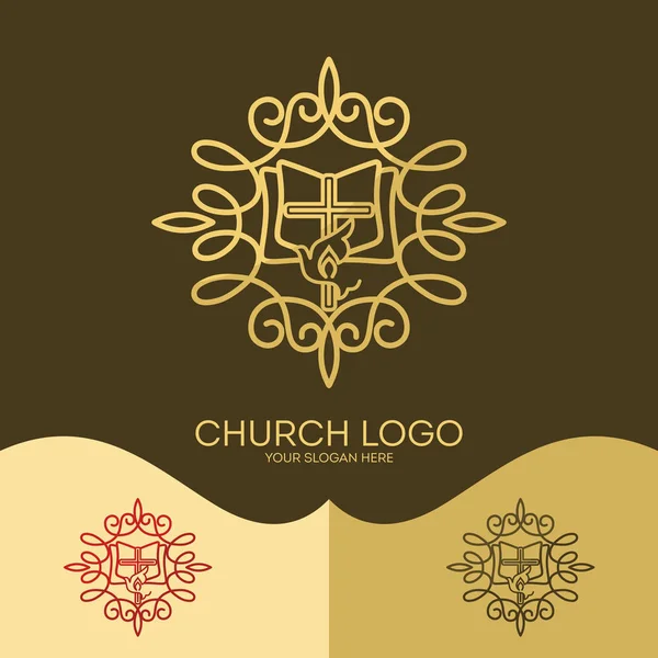 Logo van de kerk. Christelijke symbolen. Het Kruis van Jezus, de Heilige Geest - duif, elegante patronen. — Stockvector