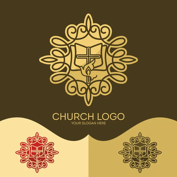 Church logo. Christian symbols. The Cross of Jesus, the Holy Spirit - Dove, elegant patterns. — Stock Vector