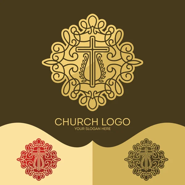 Church logo. Christian symbols. The cross of Jesus and elegant patterns. — Stock Vector