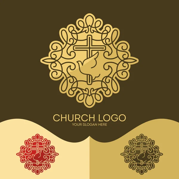 Church logo. Christian symbols. The Cross of Jesus, the Holy Spirit - Dove, elegant patterns. — Stock Vector